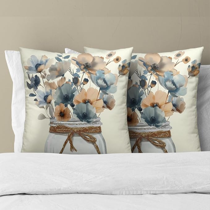 Watercolor Flowers Throw Pillow Covers 18x18 Inch Set of 2 Grey Beige Flower Mason Jar Decorative Pillow Cushion Cases for Sofa Couch Living Room Housewarming Party Decor