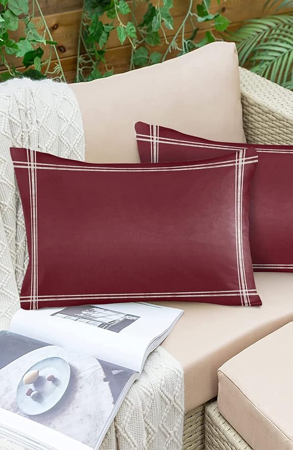 Outdoor Pillow Covers Waterproof, Solid Red Wine All Weather Cushion Case Set of 2, Pure Color Lumbar Pillowcase for Sofa Couch Bed Decor Patio Furniture 20"x12"