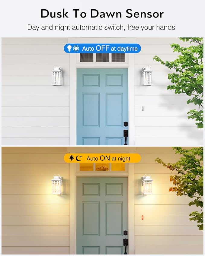 White Dusk to Dawn Outdoor Lighting 2-Pack, Outside Wall Lights with Seed Glass, Outdoor Light for House, Garage, Garden, Entryway, Doorway, 100% Aluminum Waterproof and Anti-Rust, E26 Socket