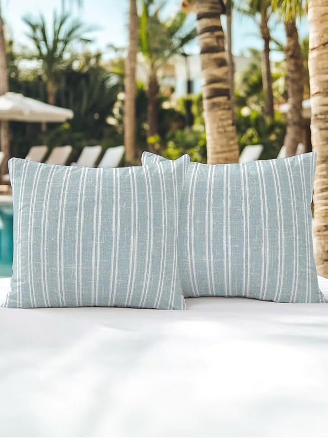 Waterproof Outdoor Pillow Set of 2 Blue Linen Striped Decorative Throw Pillows Cover & Insert 16x16 Inch Pillowcase Vertical Stripes Lines Pillows for Couch Sofa Bed Patio Furniture Indoor Outdoor