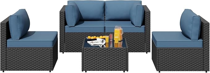 5pcs Patio Outdoor Furniture Sets Conversation Set, Low Back All-Weather Rattan Sectional Sofa with Tea Table&Washable Couch Cushions, Patio Furniture Sets (Black Rattan)