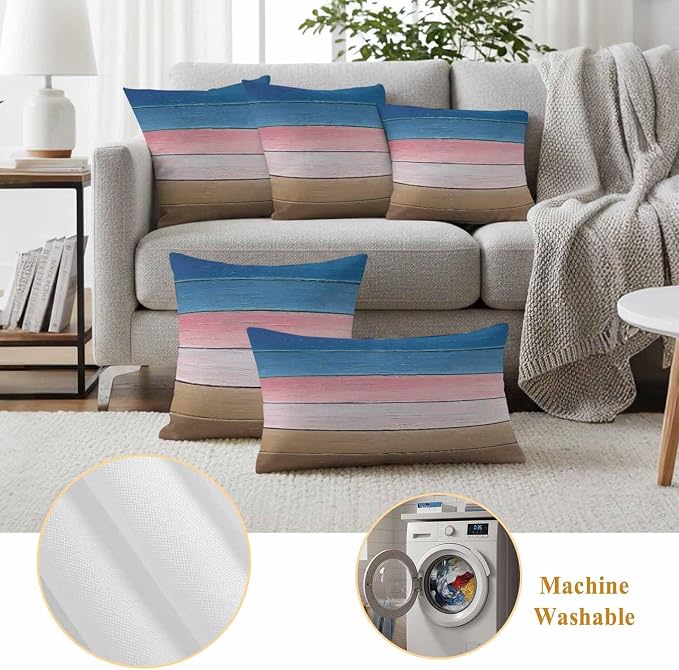 Outdoor Waterproof Pillow Covers for Patio Blue Pink Wood Grain Decorative Throw Pillow Cover Brown Ombre Wooden Pillowcases Set of 2 Cushion Case for Sofa Couch Chair 20x20 Inch