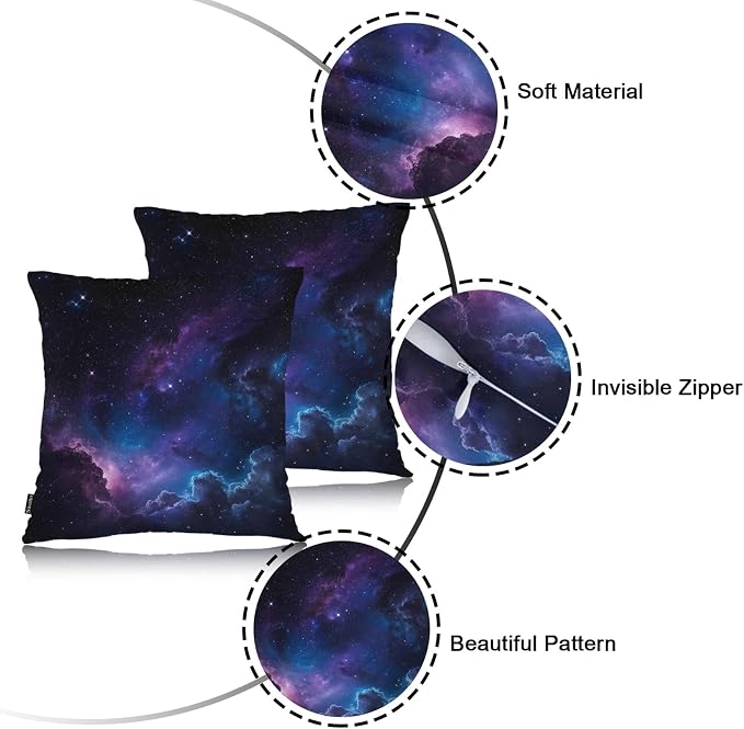 Swono Galaxy Space Decorative Throw Pillow Covers Pack of 2, Fantasy Galaxy Outer Space Pillow Cushion Cases 18"X18", Square Pillowcases Decoration for Sofa Couch Bedroom Living Room Car