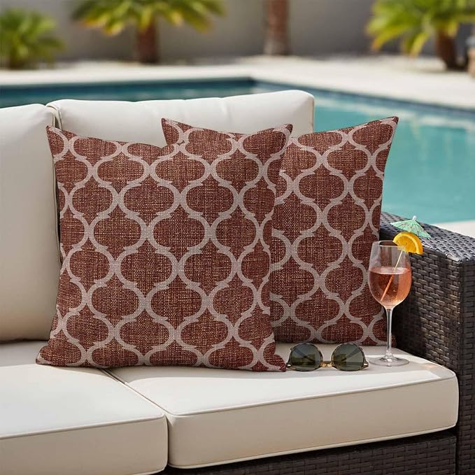 Brown Moroccan Outdoor Pillow Covers 16x16 Inch Throw Pillow Covers Set of 2 Waterproof Decorative Pillow Cases Morocco Abstract Quatrefoil Geometric Cushion Covers for Patio Furniture Garden Couch