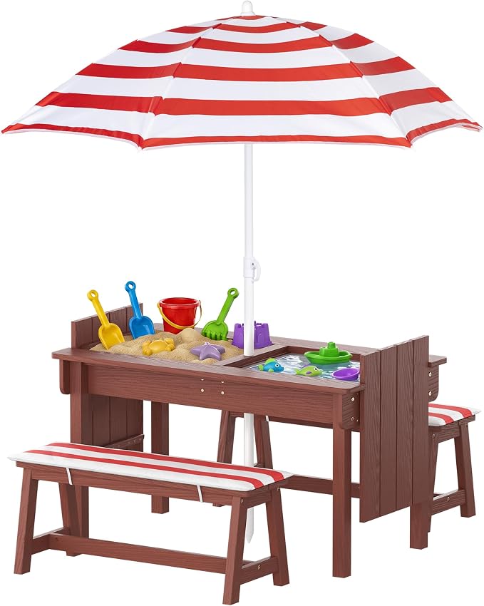 BRINJOY Kids Picnic Table with Umbrella, Outdoor Wooden Table & Bench Set w/Cushions & 2 Removable Boxes, 4-in-1 Children Sand and Water Table Activities Furniture for Patio, Garden, Indoor Outdoor