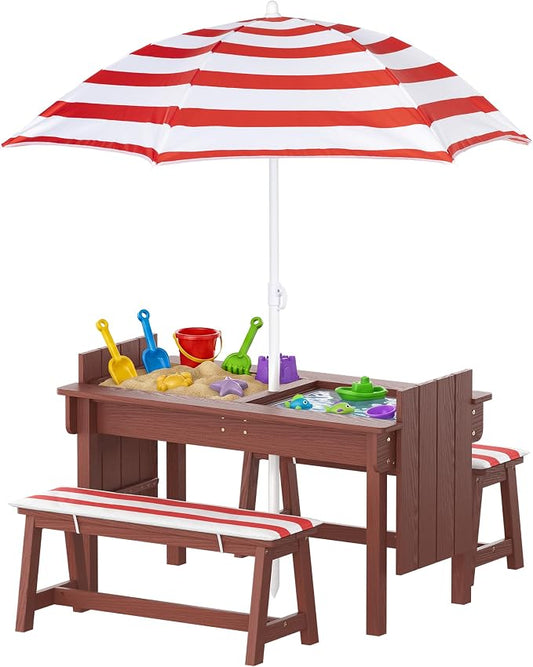 BRINJOY Kids Picnic Table with Umbrella, Outdoor Wooden Table & Bench Set w/Cushions & 2 Removable Boxes, 4-in-1 Children Sand and Water Table Activities Furniture for Patio, Garden, Indoor Outdoor