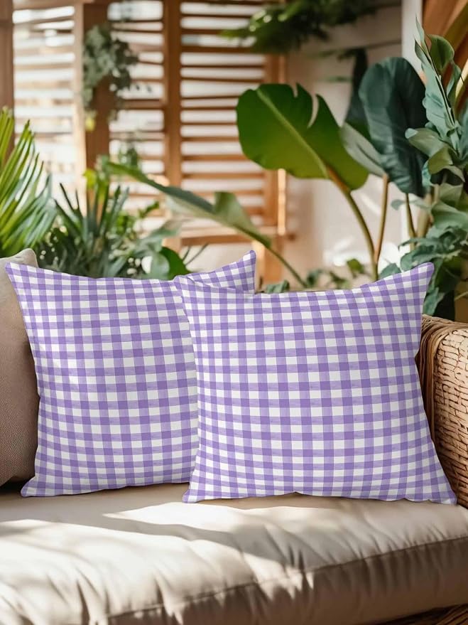 Outdoor Waterproof Throw Pillows Purple White Checkered Plaid Patio Pillows Pack of 2,Decorative Pillow Covers with Insert,Pillow Cushion Case for Garden Couch Sofa Gradient Buffalo Check