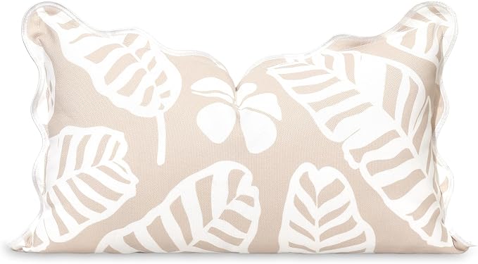 Hofdeco Premium Coastal Hampton Patio Indoor Outdoor Lumbar Pillow Cover Only, 12"x20" Water Repellent for Backyard, Couch, Poolside, Sand Beige Print Palm Leaves and Hisbucs Flowers