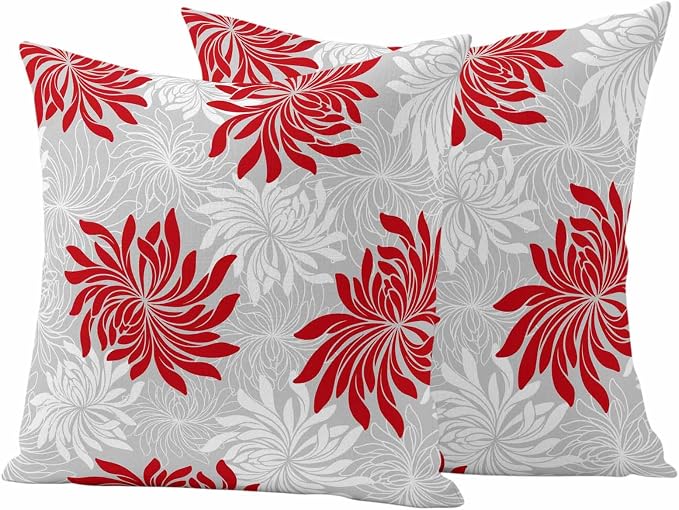 Red Grey Floral Outdoor Pillow Covers Set of 2 Vintage Red White Grey Flower Waterproof Throw Pillow Cover Decorative Cushion Cases for Patio Porch Garden 20X20 Inch