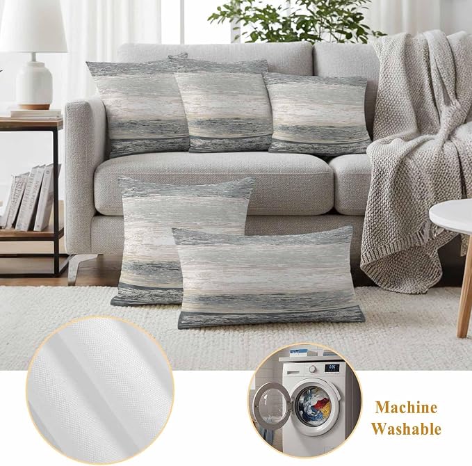 Outdoor Waterproof Throw Pillow Covers, Vintage Black Grey Decorative Pillow Cases, Farmhouse Barn Wooden Striped Couch Pillow Protector Patio Sofa Cushion Covers Replacement 18"x18" 2 Pack