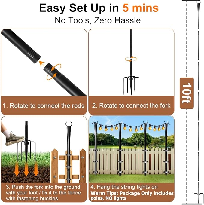4 Pack String Light Poles for Outside, Upgraded Heavy-Duty Metal Light Poles for Outdoor String Lights with Fork, Adjustable Lighting Accessories for Patio Decor Backyard Pergola Garden Decorations