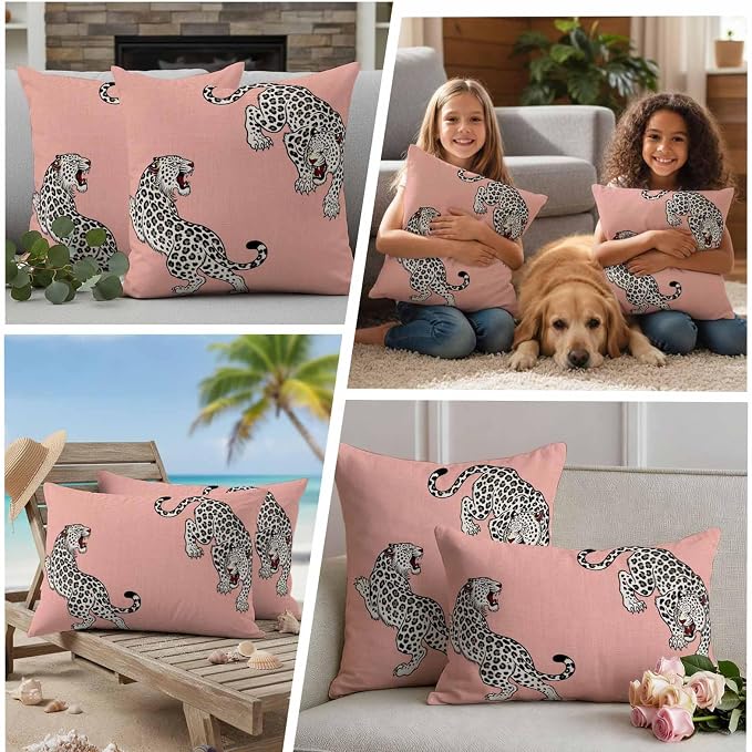 Yukro Pink Leopard Outdoor Waterproof Pillow Covers Pack of 2, Modern Style Wild Animal Rustic Linen Texture Throw Pillowcases Decorative Cushion Covers for Garden Patio Tent Sofa Couch, 16x16 inch