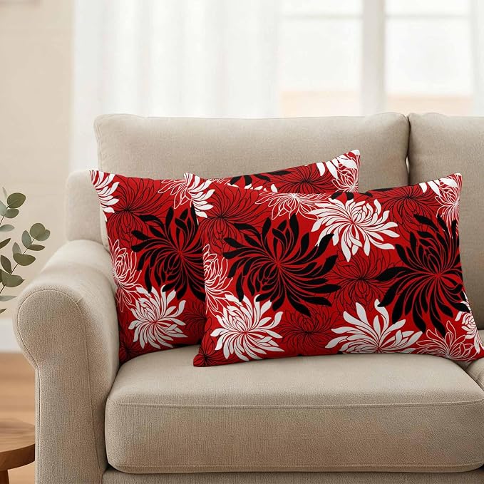 Yukro Red Black Floral Outdoor Waterproof Pillow Covers Pack of 2, Vintage White Black Flower Red Decorative Throw Pillowcases Cushion Covers for Garden Patio Tent Sofa Couch, 20x12 inch
