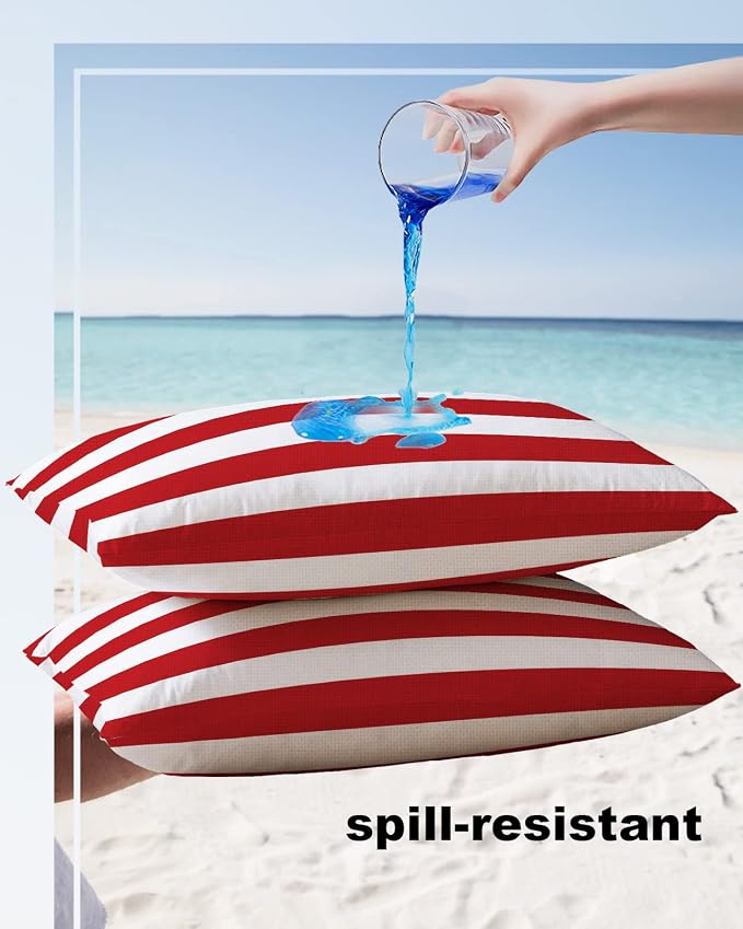 Outdoor Pillows Christmas Stripes Red Waterproof Outdoor Pillow Covers Geometric Red White Polyester Throw Pillow Covers Garden Cushion Decorative Case for Patio Couch Decoration Set of 2