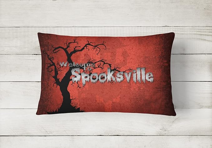 Caroline's Treasures SB3008PW1216 Welcome to Spooksville Halloween Canvas Fabric Decorative Pillow 100% Machine Washable Pillow, Indoor or Outdoor Decorative Throw Pillow for Couch, Bed or Patio