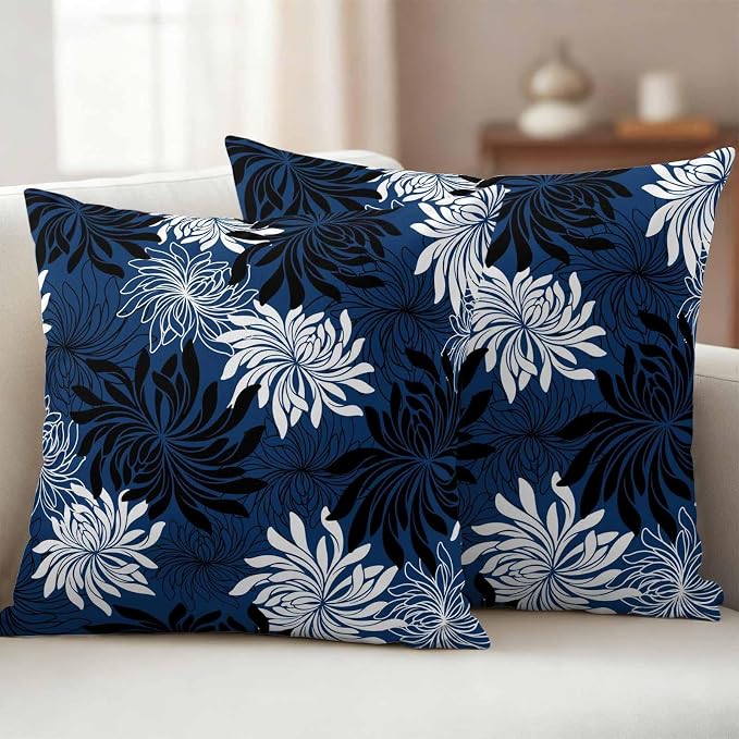 Yukro Blue Black Floral Outdoor Waterproof Pillow Covers Pack of 2, Vintage Blue White Black Flower Decorative Throw Pillowcases Cushion Covers for Garden Patio Tent Sofa Couch, 24x24 inch