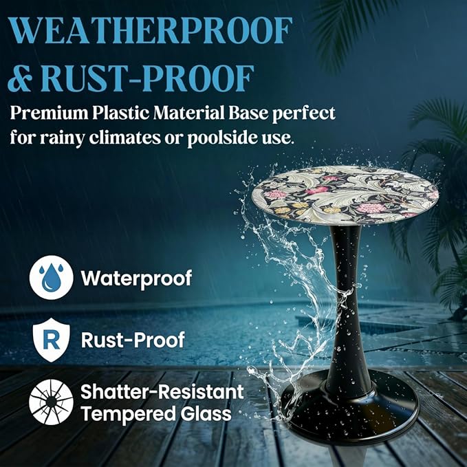 13.4" Outdoor Side Table, Round Patio Bistro Table Printed Tempered Glass Top, Waterproof Rust-Proof Base, Small Plant Stand for Balcony, Garden, Deck, 21.6" H (Morris Green)