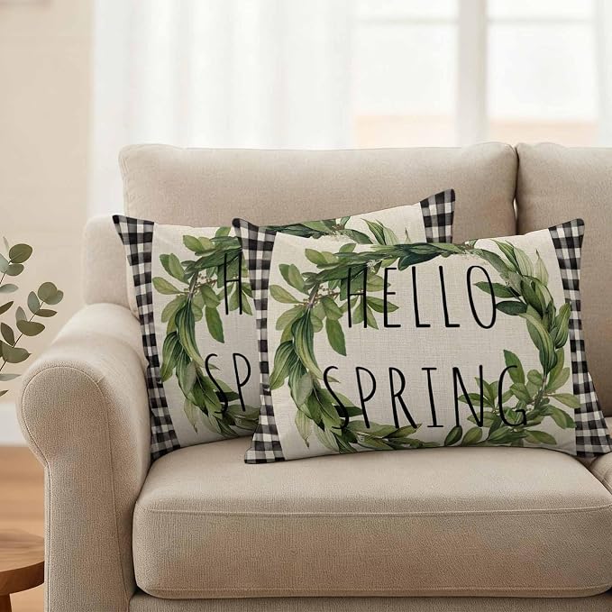 Hello Spring Outdoor Pillow Covers Pack of 2 Green Leaf Plant Black Plaid Vintage Linen Texture Waterproof Throw Pillow Covers Decorative Cushion Cases for Patio Garden Tent Balcony Couch 20x12 inch