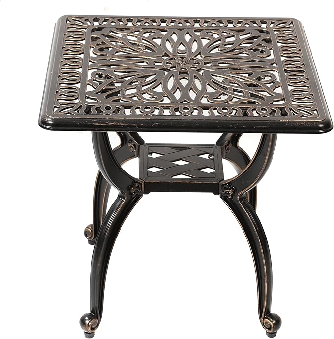 C/G Cast Aluminum Side Table,Decorative Outdoor End Table, Ornate Floral Pattern (Square, Copper)