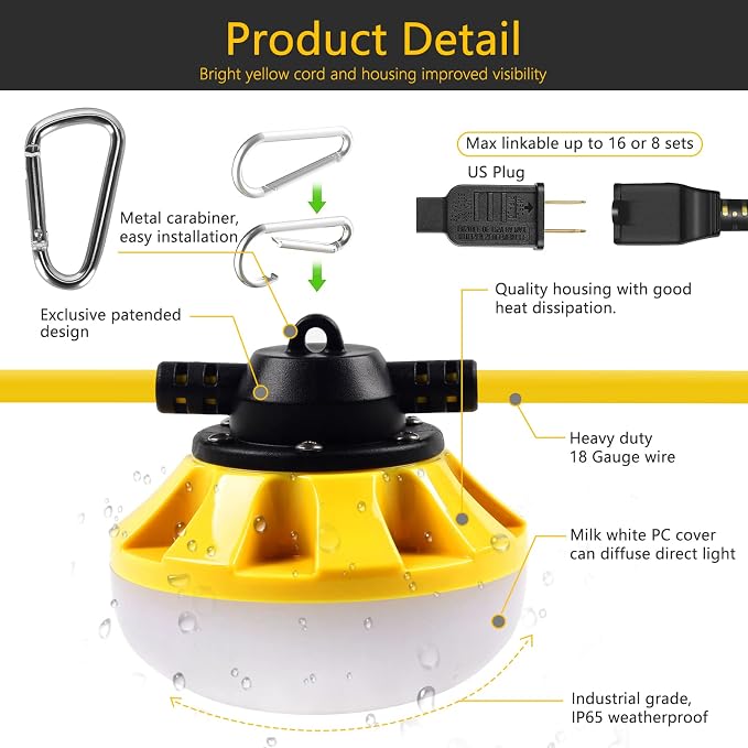 200FT Construction String Lights, Industrial Grade,Free for Climbing Hook | for Construction Sites, Renovation, Walkways,Patio，Mine cave, Outdoor, and Other Outdoor Lighting Solutions Use