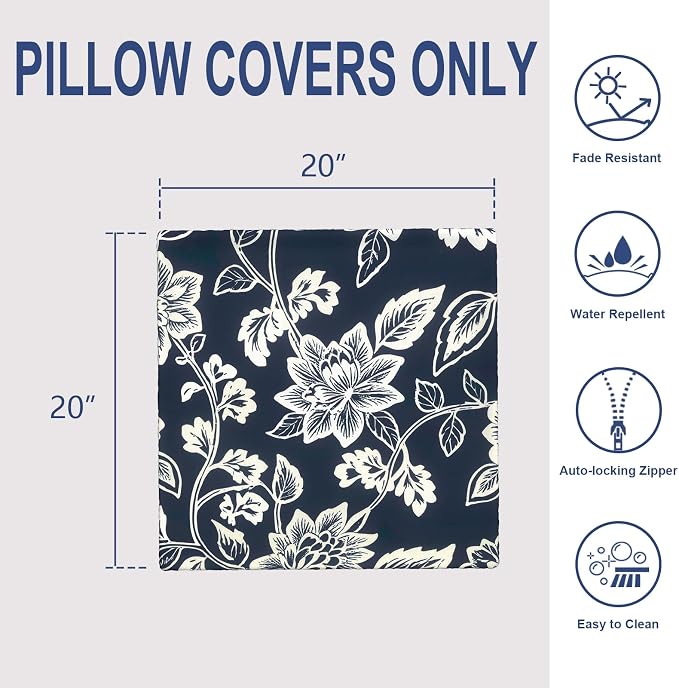 Outdoor 20x20 Inch Pack of 2 Patio Throw Pillow Covers ONLY, Water Repellent Cushion Cases, Square Pillowcases for Couch Decoration, Elegant Vines Navy