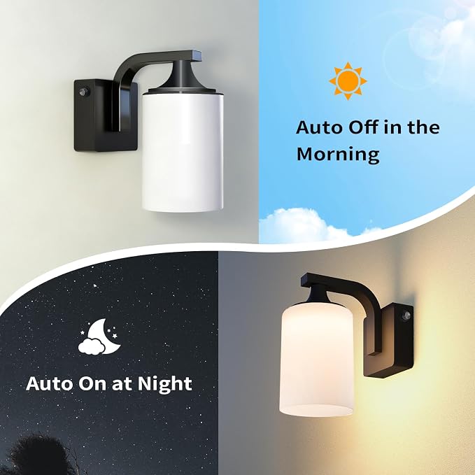 Dusk to Dawn Outdoor Wall Light Sconce, Waterproof Aluminum Porch Light Exterior Fixture with Milk Glass Shade for Patio, Yard, Garden House, Outside, Matte Black