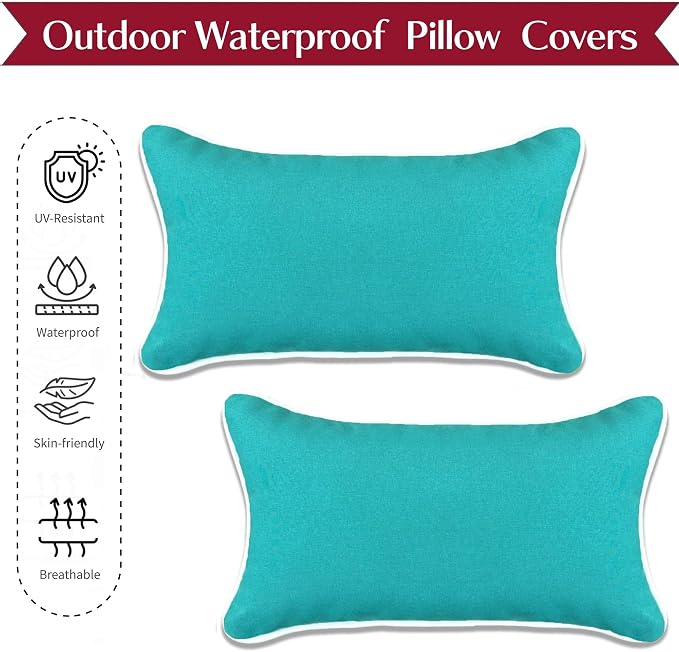 HER HWA Outdoor Lumbar Pillow Covers White Piping 20x12 Set of 2 Turquoise | durable fade-resistant water-resistant 100% polyester white piping smooth zipper machine washable for indoor outdoor décor