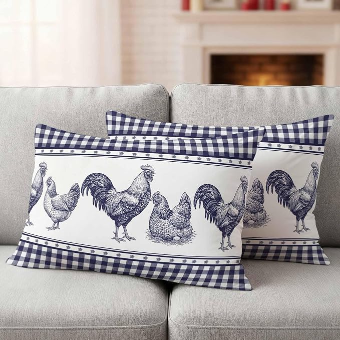 Navy Blue Rooster Outdoor Pillow Covers Waterproof, All Weather Cushion Case Set of 2, Vintage Farmhouse Blue Plaid Lumbar Pillowcase for Sofa Couch Bed Decor Patio Furniture 20"x12"