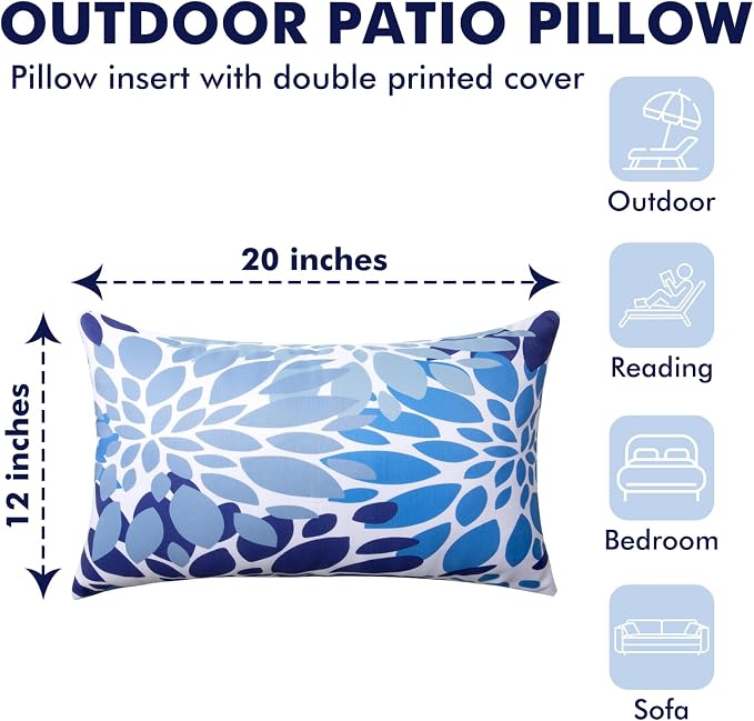 12x20 Waterproof Outdoor Pillows, Set of 2 Outdoor Lumbar Pillows | Patio Furniture Pillows, Decorative Throw Pillows, Waterproof & Fade Resistant, Removable & Washable, Dark Blue