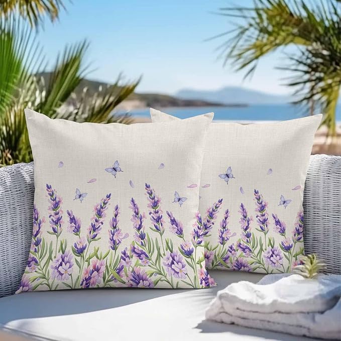 Vandarllin Outdoor Throw Pillows Covers 24x24 inch Set of 2 Waterproof Purple Lavender Flower Decorative Zippered Cushion Covers for Patio Furniture, Butterfly Floral Linen Lumbar Pillowcases