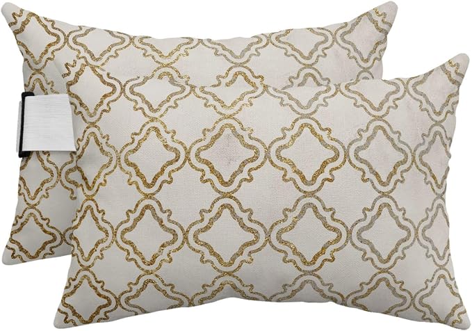 Outdoor Pillows Waterproof Covers Set of 2, Geometric Lines Adjustable Elastic Chaise Lounge Head Resting Pillows, Luxury Golden Linen Lumbar Pillow for Pool Beach Patio Furniture 20x12 Inch