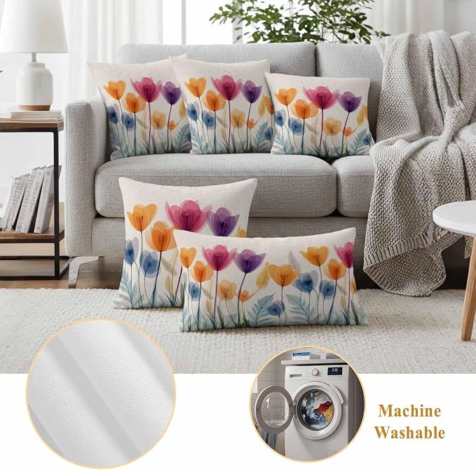 Spring Outdoor Waterproof Throw Pillow Covers Set of 2, 26"x26", Floral Cartoon Multicolor Tulips Leaf Retro Decorative Pillow Covers Outside Cushion Case for Patio Porch Garden