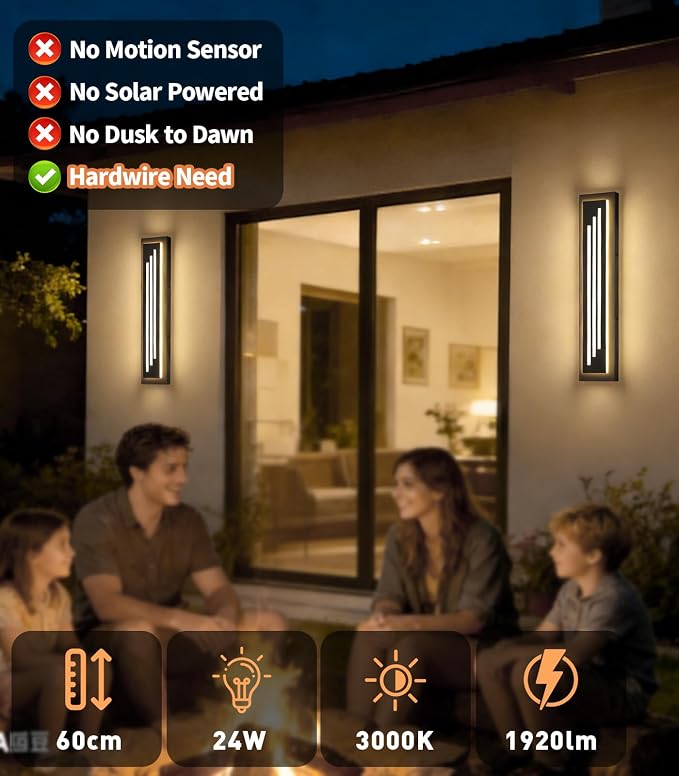 23.6'' Outdoor Wall Lights Modern Black LED Outdoor Wall Sconce, Large Long Exterior Lighting Fixtures, 3000K Waterproof Front Porch Lights Outside Lights for House, Garage, Indoor, 2 Pack