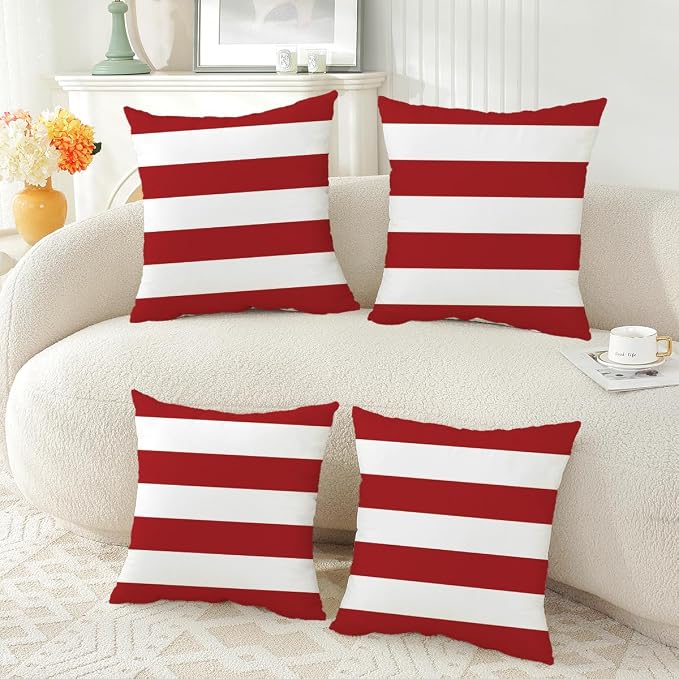 TAOSON Dark Red Striped Outdoor Throw Pillow Covers 18x18 Inch,Set of 4 | White Striped Waterproof Decorative Cushion Cases for Patio, Garden, Balcony & Couch