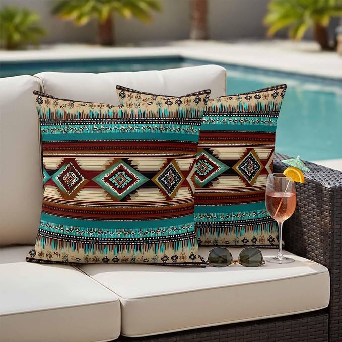 Boho Ethic Outdoor Pillow Covers 26"x26" Set of 2, Western Aztec Tribal Teal Brown Diamond Stripes Waterproof Throw Pillow Covers for Patio Furniture, Decorative Cushion Covers for Porch