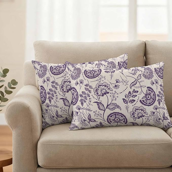 Outdoor Pillow Covers 20x12 Set of 2, Purple Spring Floral Waterproof Patio Throw Pillow Covers for Couch Sofa Chair, Summer Botanical Farmhouse Decorative Pillowcases for Throw Pillows