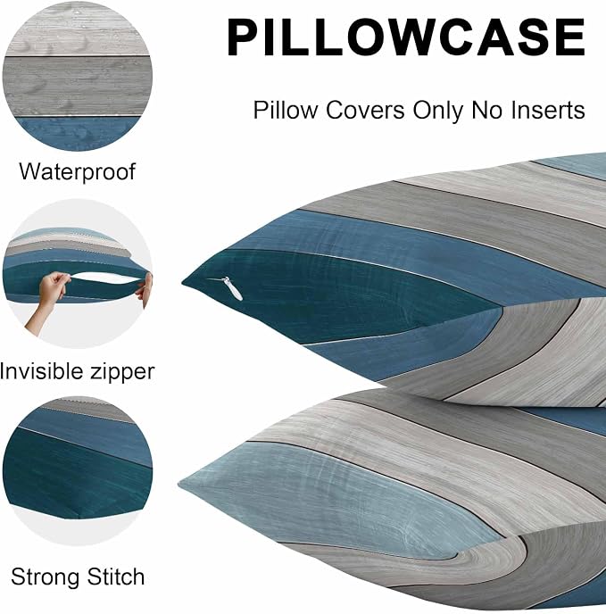 Outdoor Throw Pillow Covers 18X18 Set of 2 Waterproof Ombre Blue Gray Decorative Zippered Cushion Covers for Patio Furniture, Farmhouse Retro Rustic Barn Wood Texture Lumbar Pillowcases Ocean Hues