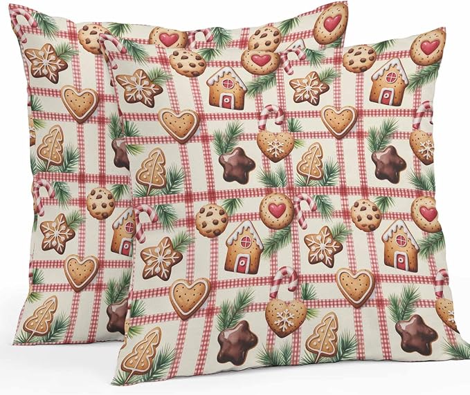 Outdoor Waterproof Throw Pillow Covers, Christmas Cartoon Gingerbread Man Plaid Candy Canes Pine Leaves House Pillowcases Cushion Covers Cases for Patio Couch Bench, Pack of 2 Square, 16X16 Inch