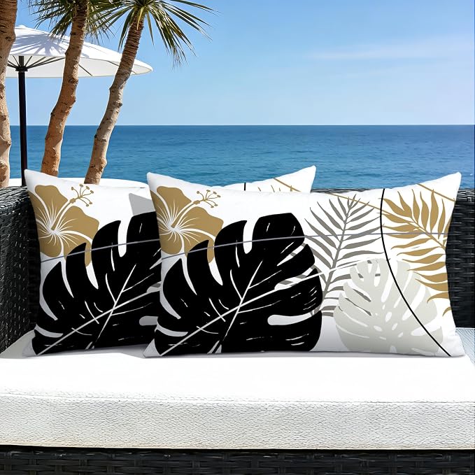 OTOSTAR Outdoor Waterproof Throw Pillow Covers 12x20 Inch Set of 2 Double-Sided Black Brown Grey Tropical Leaf and Flower Spring Summer Decorative Pillow Cases for Patio Funiture Garden Balcony Couch