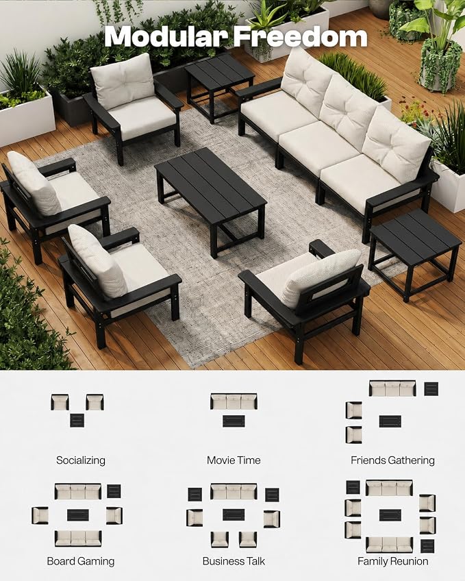 3 Piece HDPE Outdoor Patio Furniture Set, All-Weather 2 Armchairs with Side Table, Patio Conversation Set with Beige Washable Thick Cushion for Balcony,Porch (Black Frame)