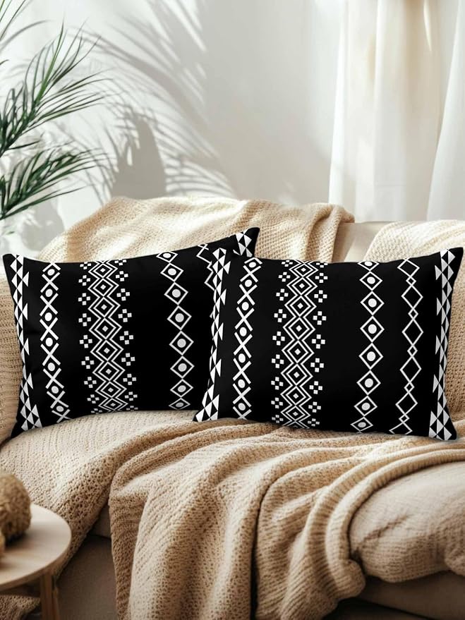 Outdoor Waterproof Throw Pillows 12x20in, Traditional Tribal White Diamond Patio Pillows Pack of 2, Decorative Pillow Covers with Insert, Pillow Cushion Case for Garden Boho Geometric on Black