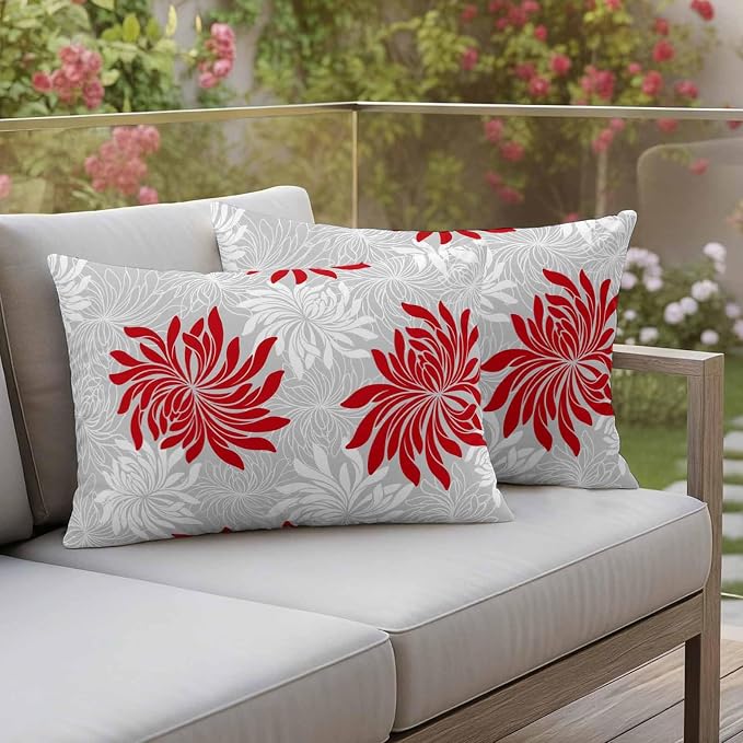 Red Grey Floral Outdoor Pillow Covers Set of 2 Vintage Red White Grey Flower Waterproof Throw Pillow Cover Decorative Cushion Cases for Patio Porch Garden 20X12 Inch