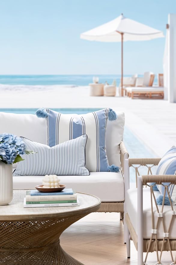 Hofdeco Premium Coastal Hampton Outdoor Performance Lumbar Pillow Cover Only, 12"x20" Water Repellent, UV and Fade Resistant for Backyard, Couch, Poolside, Azure Blue Indigo Woven Coastline Stripes