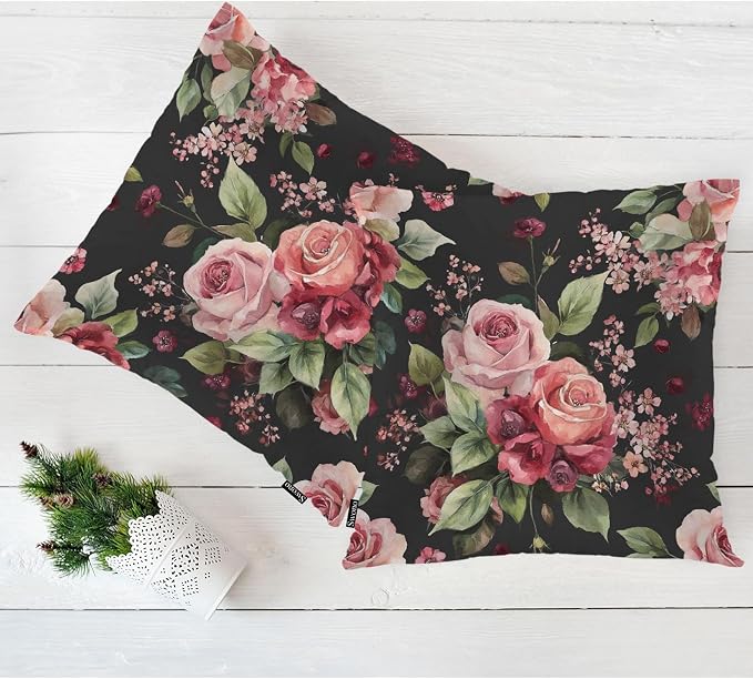 Swono Rose Throws Pillows Covers for Couch, Retro Blossom Rose Flowers Decorative Pillow Cases for Men Women, Comfortable Pillow Cushion Cover Pack of 2 18"X18" for Home Sofa Bed, Black Red