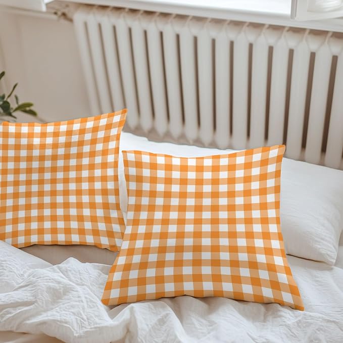 Orange Checks Outdoor Pillow Covers 16"x16" Set of 2, White Gingham Plaid Abstract Modern Summer Waterproof Throw Pillow Covers for Patio Furniture, Decorative Cushion Covers for Porch