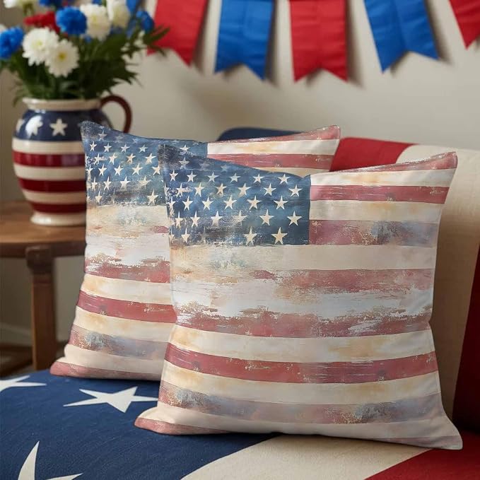 Retro American Flag Outdoor Pillow Covers 26"x26" Set of 2, Independence Day Waterproof Throw Pillow Covers for Patio Furniture, Decorative Cushion Covers for Porch