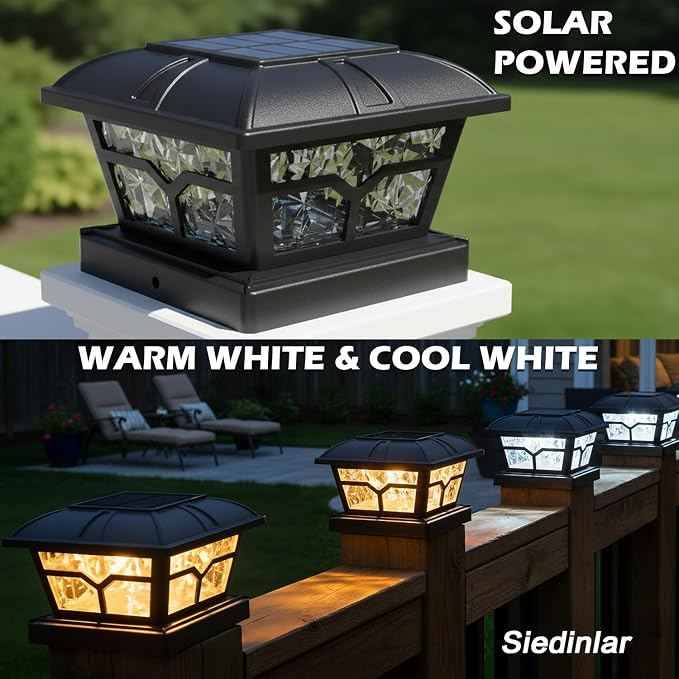 SIEDiNLAR Solar Post Cap Lights Outdoor 2 Color Modes 8 LEDs for 4x4 5x5 6x6 Wooden Vinyl Posts Fence Patio Deck Decoration Warm White & Cool White Lighting Black (10 Pack)