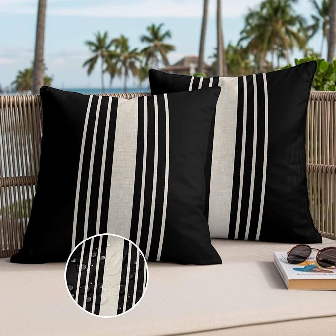 Throw Pillow Covers 16x16 Inch Set of 2, Black Beige Striped Waterproof Outdoor Cushion Covers, Modern Farmhouse Retro Lines Decorative Pillowcases for Couch, Sofa, Bed, Garden, Patio
