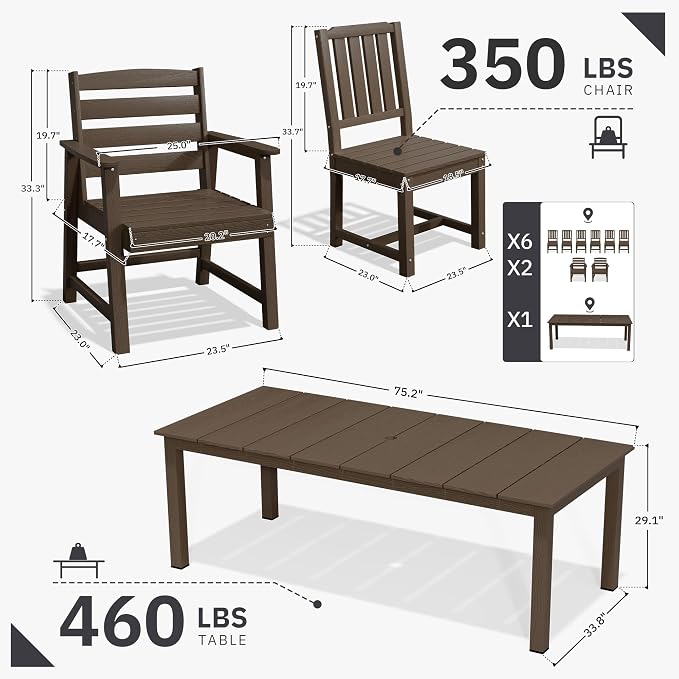 AreShark Patio Dining Chair Set of 2,All Weather HDPE Outdoor Dining Armless Chairs with Wide Seat and Backrest,Weatherproof Patio Chairs for Garden,Backyard,Deck,Coffee