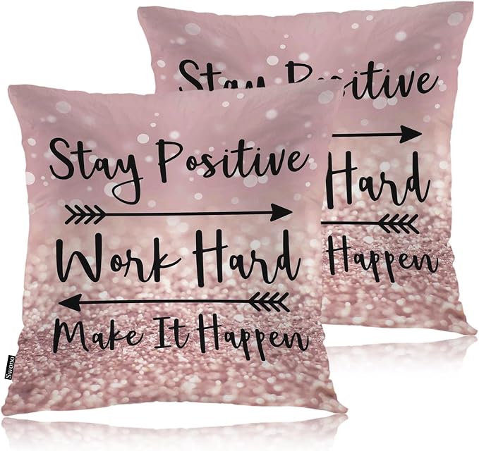 Swono Quote Set of 2 Square 18x18 Inch Throw Pillow Cover Stay Positive Work Hard Make It Happen Soft Pillowcases Arrow Cushion Covers for Home Sofa Couch Garden Bench Living Room Car Glitter Pink